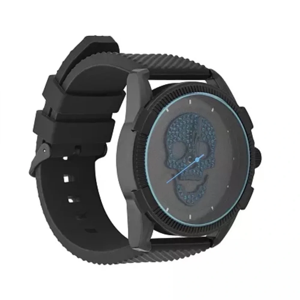 Ed Hardy men’s skull print dial Matte Black silicone strap analog watch …